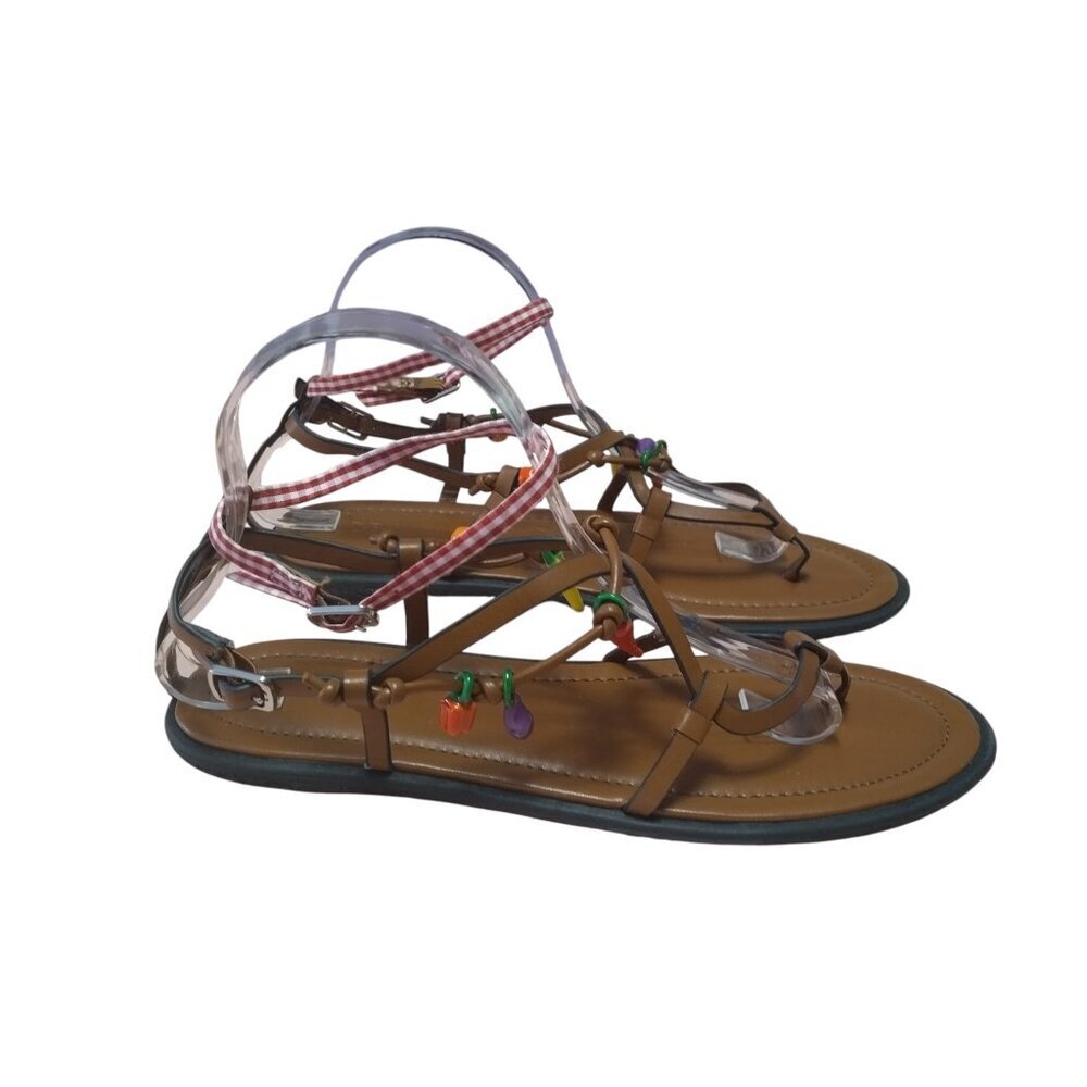 Zara Women’s Size 39 Brown Flat Thong Sandals Strappy Charms Boho Travel Hippie - Picture 3 of 8